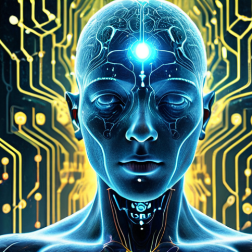 Home 15 A contemplative human figure with their head subtly intertwined with luminous neural network patterns and flowing data streams, symbolizing the seamless integration of human consciousness with digital reality. The background features a sophisticated blend of circuit board aesthetics and an ethereal, cosmic glow, illustrating the evolving human identity in a technological future. High detail, futuristic, philosophical, cerebral, vibrant light, volumetric lighting, rendered in Unreal Engine.