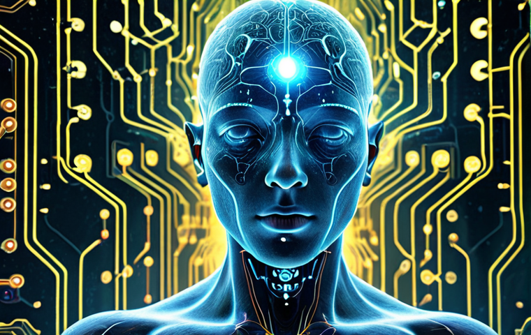 A contemplative human figure with their head subtly intertwined with luminous neural network patterns and flowing data streams, symbolizing the seamless integration of human consciousness with digital reality. The background features a sophisticated blend of circuit board aesthetics and an ethereal, cosmic glow, illustrating the evolving human identity in a technological future. High detail, futuristic, philosophical, cerebral, vibrant light, volumetric lighting, rendered in Unreal Engine.