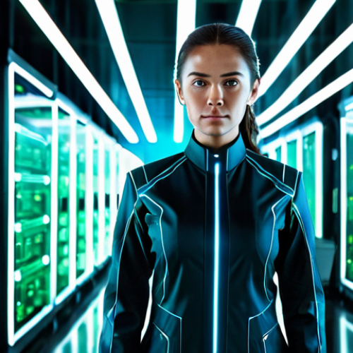 Home 14 A brilliant female cybernetic mastermind, dressed in a sleek, modest, dark-colored high-tech suit with subtle glowing circuit patterns, stands calmly in a vast, futuristic server farm. Holographic data streams and complex algorithms flow around her, displaying encrypted information. Her expression is focused and strategic. The environment is clean, illuminated by subtle blue and green lights, reflecting off polished metallic surfaces. Perfect anatomy, correct proportions, natural pose, well-formed hands, proper finger count, natural body proportions, professional photography, high detail, fully clothed, appropriate attire, modest clothing, safe for work, appropriate content, family-friendly.