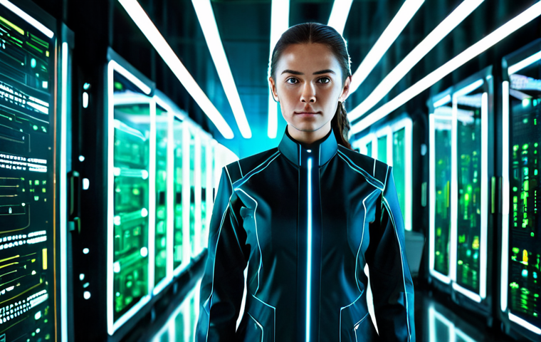 A brilliant female cybernetic mastermind, dressed in a sleek, modest, dark-colored high-tech suit with subtle glowing circuit patterns, stands calmly in a vast, futuristic server farm. Holographic data streams and complex algorithms flow around her, displaying encrypted information. Her expression is focused and strategic. The environment is clean, illuminated by subtle blue and green lights, reflecting off polished metallic surfaces. Perfect anatomy, correct proportions, natural pose, well-formed hands, proper finger count, natural body proportions, professional photography, high detail, fully clothed, appropriate attire, modest clothing, safe for work, appropriate content, family-friendly.