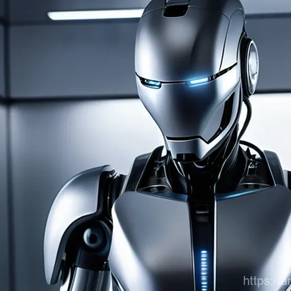 슈퍼트론 시리즈의 대표적인 클리셰 - **A sleek, advanced humanoid robot,** designed with smooth, reflective metallic finishes, stands in ...