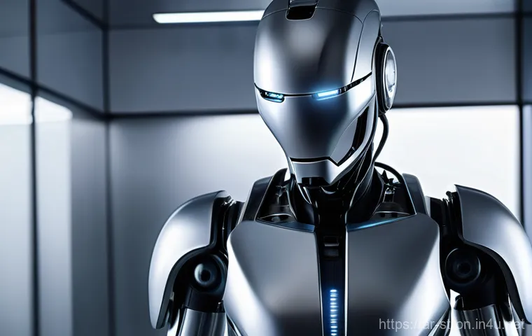 슈퍼트론 시리즈의 대표적인 클리셰 - **A sleek, advanced humanoid robot,** designed with smooth, reflective metallic finishes, stands in ...