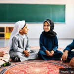 Home 22 슈퍼트론의 어린이용 교훈적 요소 - A warm and colorful classroom scene showing a diverse group of Arab children aged around 7-9 years o...