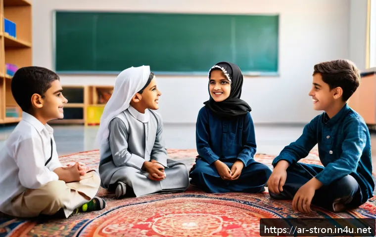 슈퍼트론의 어린이용 교훈적 요소 - A warm and colorful classroom scene showing a diverse group of Arab children aged around 7-9 years o...