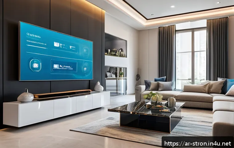 슈퍼트론 인기 요인 분석 - A futuristic smart home interior showcasing multiple Supertron devices seamlessly connected via IoT,...