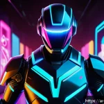 Home 19 슈퍼트론의 대중문화적 기여도 평가 - A futuristic digital media scene featuring Supertron as a bold, sleek robot character interacting wi...